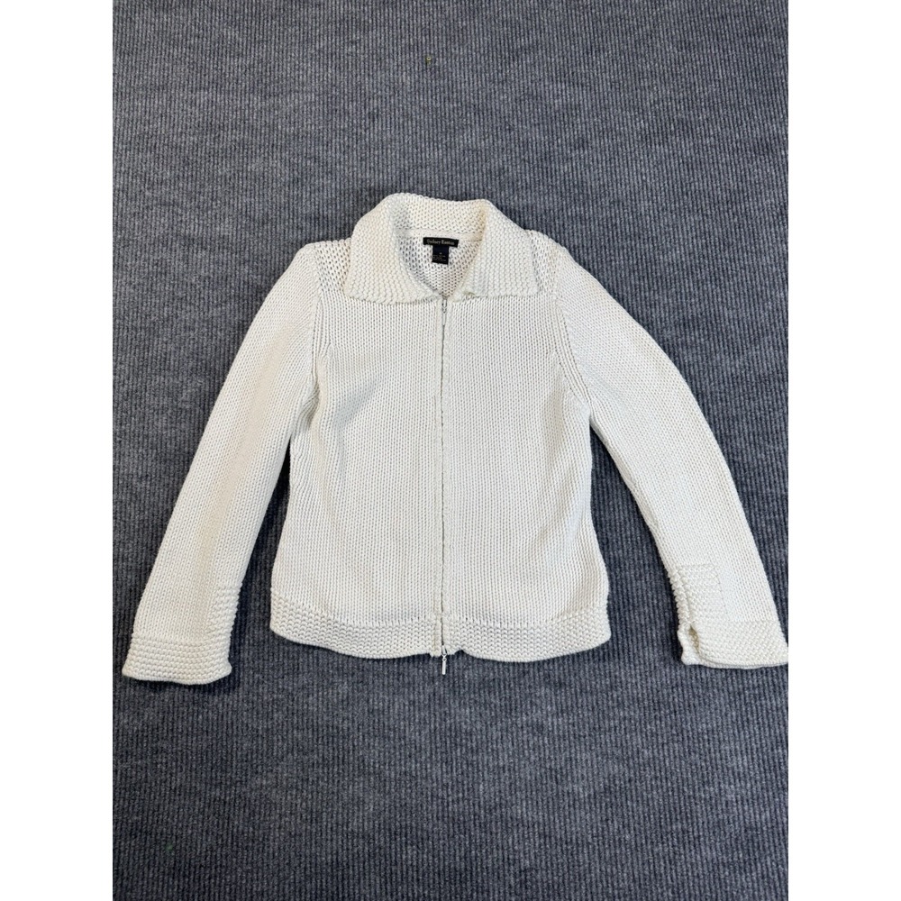 Sydney Easton White Collared Full Zip Knit Cardigan Sweater M 100% Cotton Women